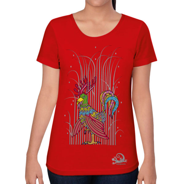 Camiseta Alebrije Gallo Alce Mujer Rojo Modelo